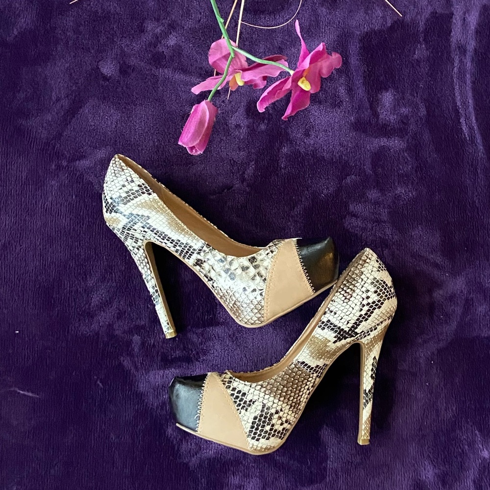 Snake print black & white print of women’s pumps.